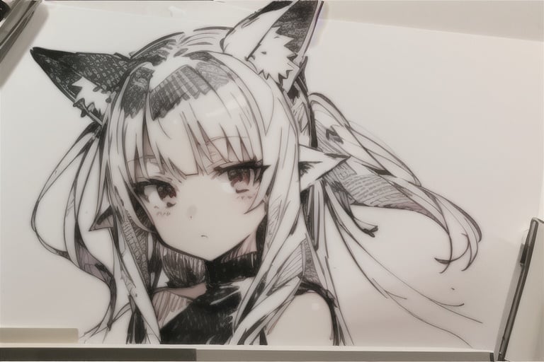 penSketch_style, ink sketch, 1girl, gray hair, sketch, tall, flat chest,neutral face, fox tail