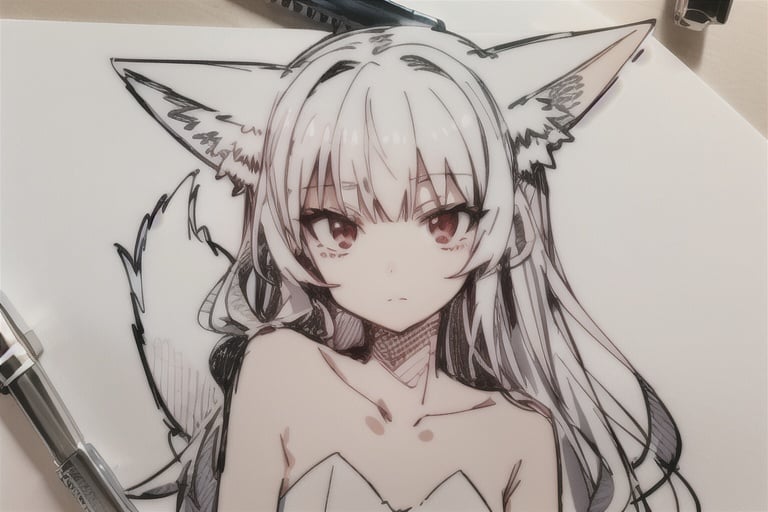 penSketch_style, ink sketch, 1girl, gray hair, sketch, tall, flat chest,neutral face, fox tail, Delicate skin tone