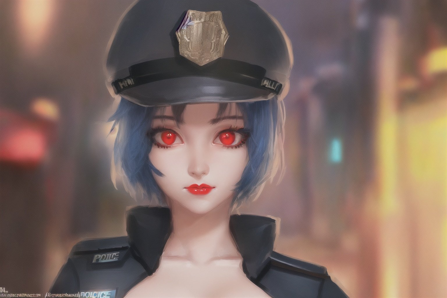 cinematic lighting, ((best quality)), ((extremely_detailed_eyes_and_face)), 1girl, detailed face, highly detailed red eyes, highly detailed mouth, closed mouth, short hair,red lips, blue hair, full body, eye shadow, (((small breast))), (((police uniform))), character desigh, horns