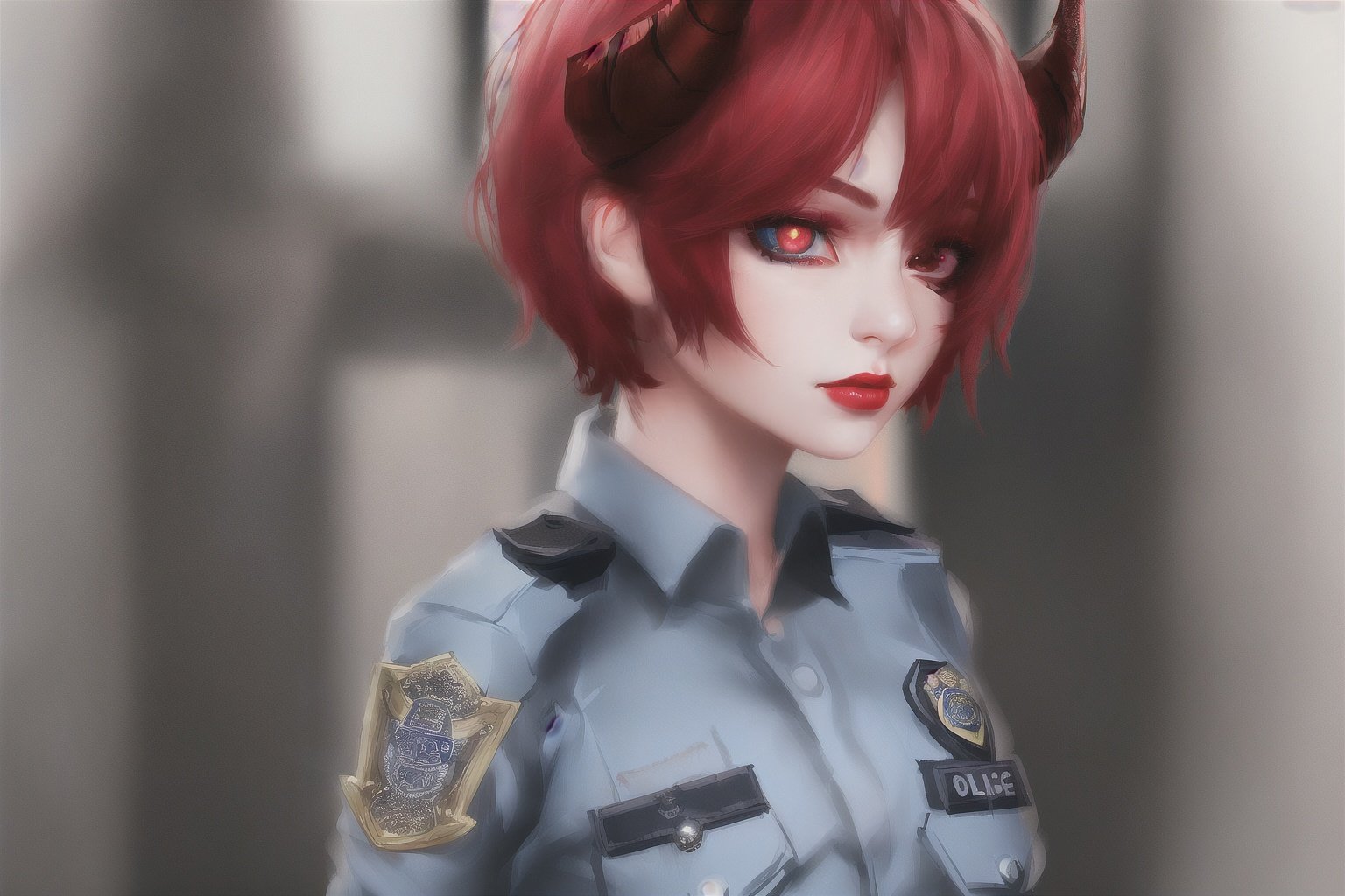 cinematic lighting, ((best quality)), ((extremely_detailed_eyes_and_face)), 1girl, detailed face, highly detailed red eyes, highly detailed mouth, closed mouth, short hair,red lips, blue hair, full body, eye shadow, (((small breast))), (((police uniform))), character desigh, horns