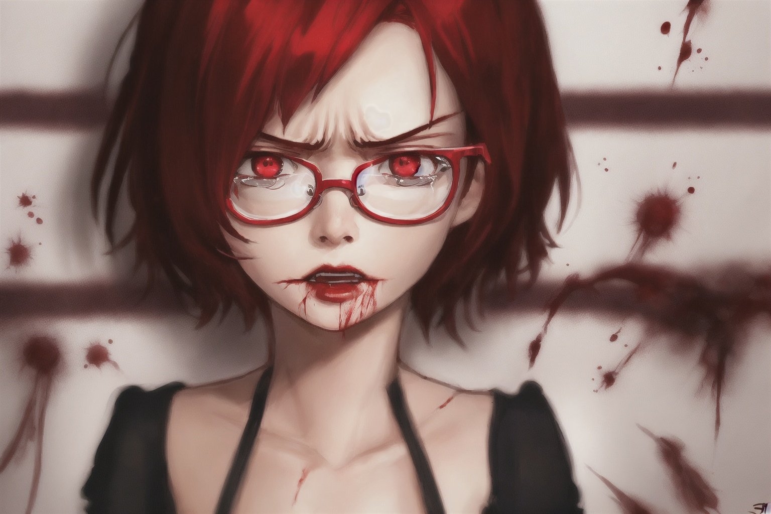  1girl, dynamic angle, detailed face, highly detailed red eyes, red lips, short hair, red hair, blood tears, angry face, glasses,