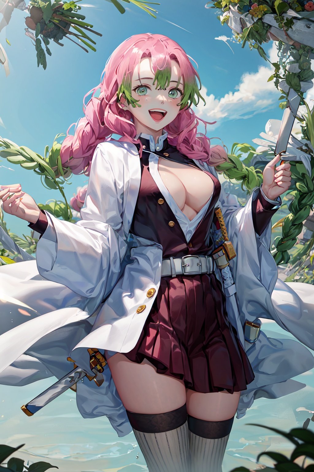 glsml, 1girl, solo, looking_at_viewer, blush, smile, open_mouth, holding, jacket, weapon, cowboy_shot, holding_weapon, holding_sword, katana, ribbed_legwear, forest