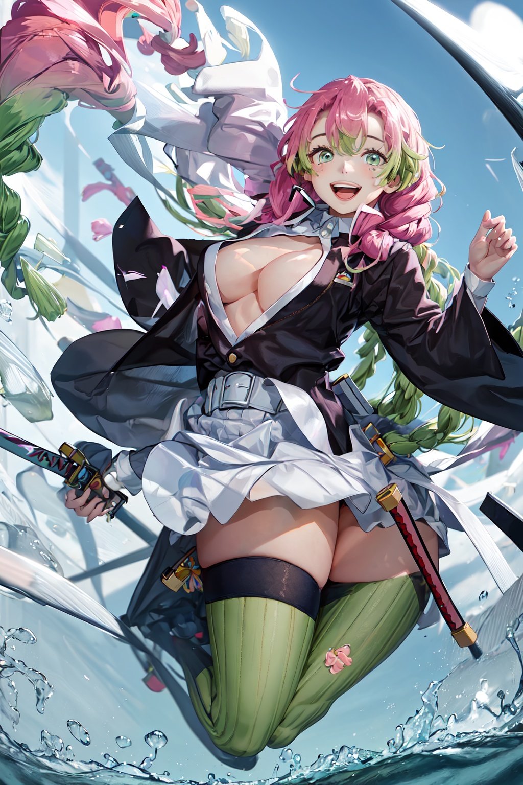 glsml, 1girl, solo, looking_at_viewer, smile, open_mouth, holding, full_body, weapon, thighs, holding_weapon, holding_sword, katana, sheath, partially_unbuttoned, ribbed_legwear