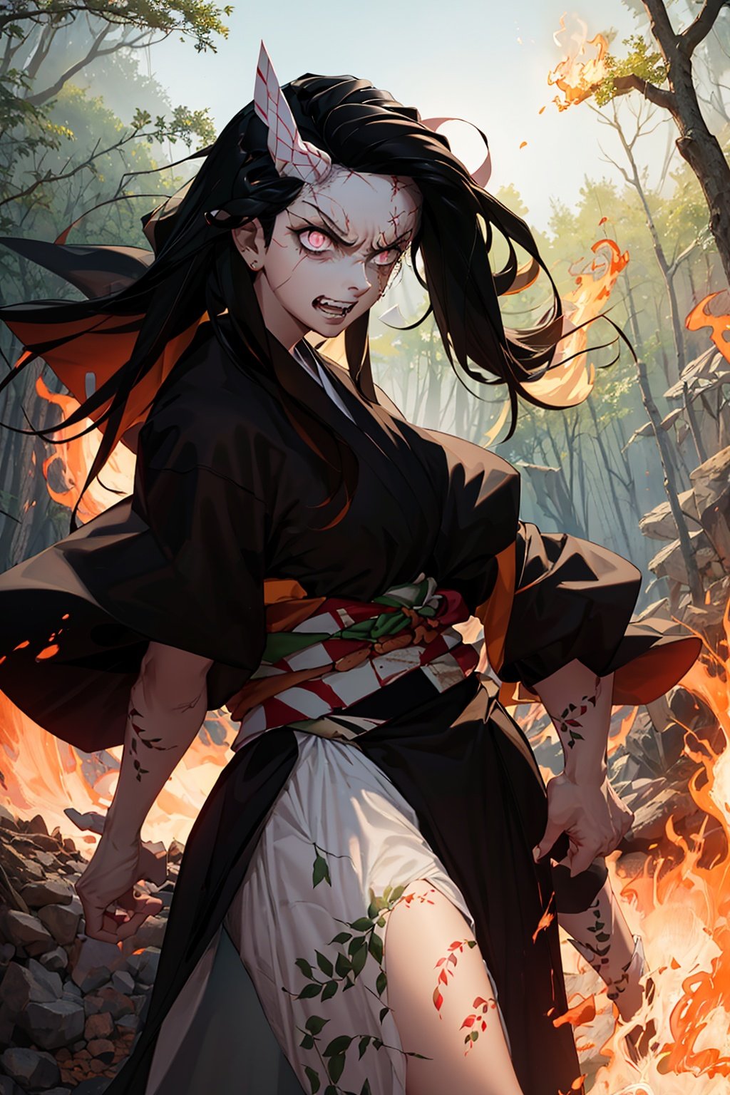 Kamado_Nezuko, 1girl, solo, looking_at_viewer, teeth, orange_hair, slit_pupils, clenched_teeth, angry, veins, asa_no_ha_\(pattern\), checkered_sash, fire, forest