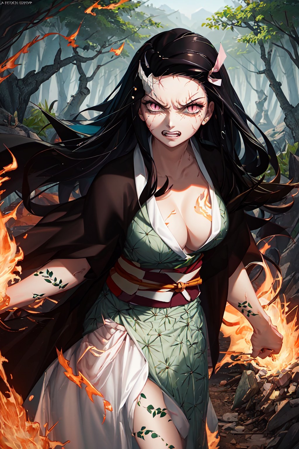 Kamado_Nezuko, 1girl, solo, looking_at_viewer, teeth, orange_hair, slit_pupils, clenched_teeth, angry, veins, asa_no_ha_\(pattern\), checkered_sash, fire, forest