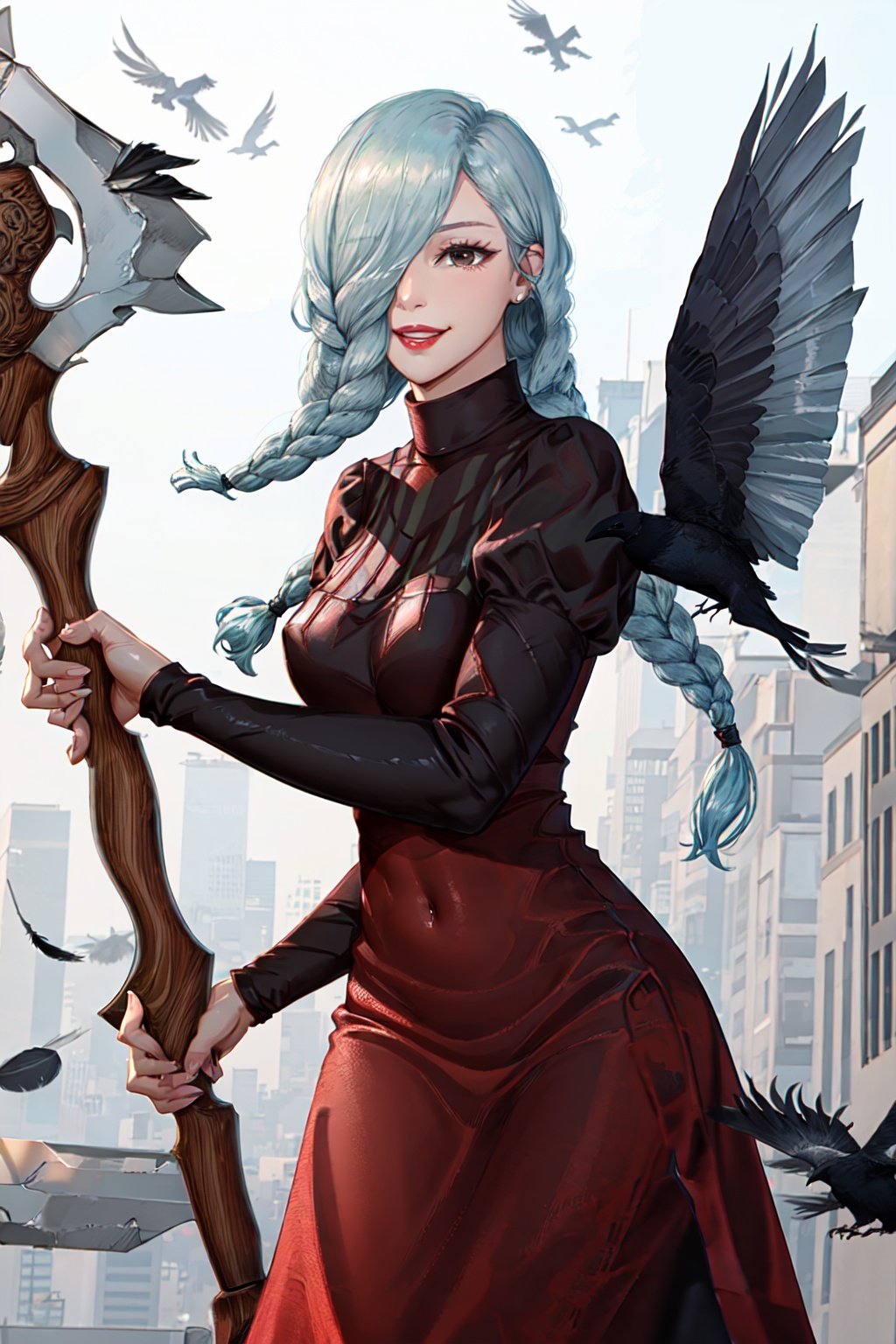 meimei,1woman,hair cover one eye, solo, looking_at_viewer, smile, bangs, holding_axe, parted_lips, hair_over_one_eye, twin_braids, turtleneck, crow, animal, feathers, juliet_sleeves, black_feathers, city