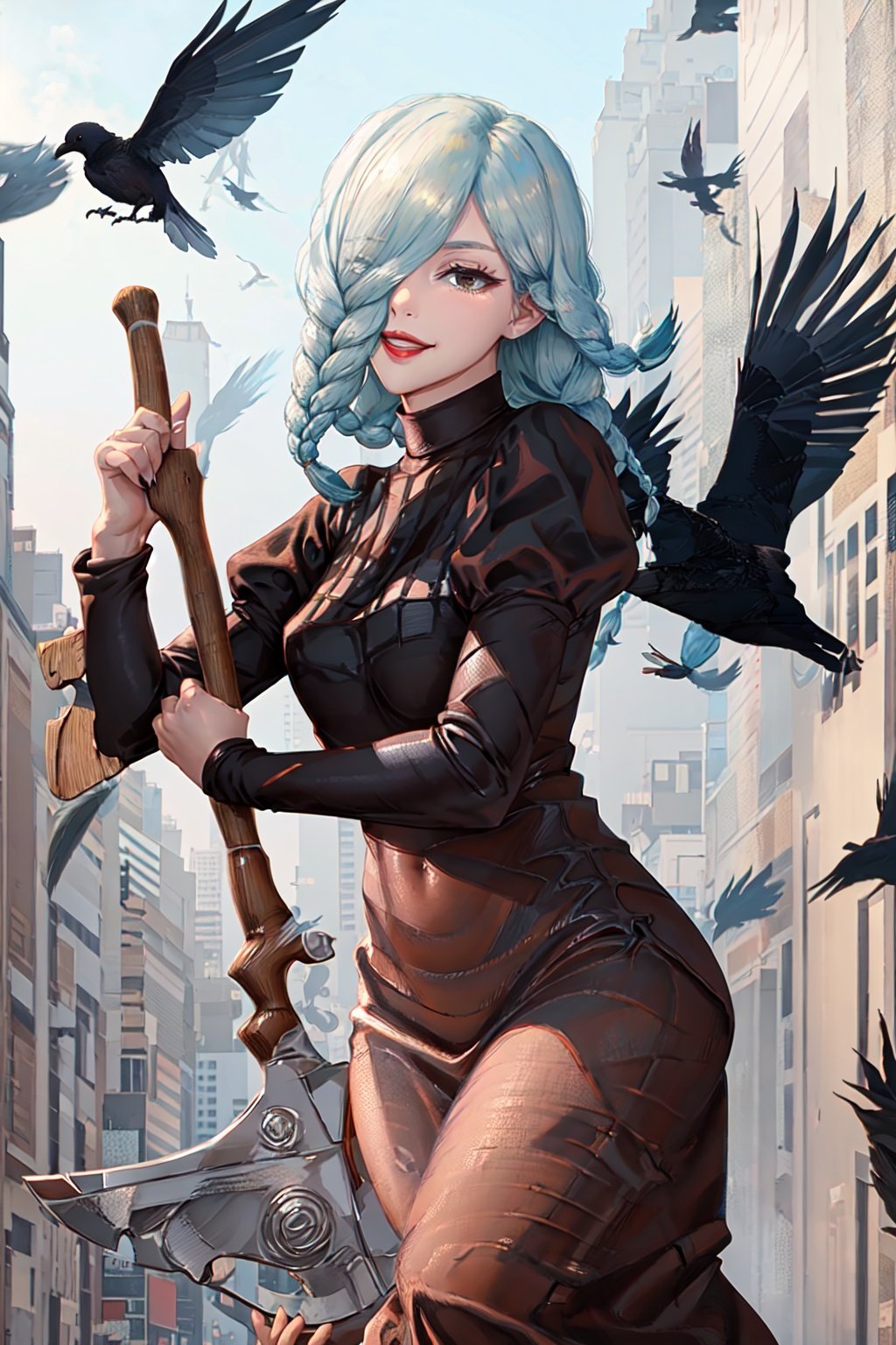 meimei,1woman,hair cover one eye, solo, looking_at_viewer, smile, bangs, holding_axe, parted_lips, hair_over_one_eye, twin_braids, turtleneck, crow, animal, feathers, juliet_sleeves, black_feathers, city