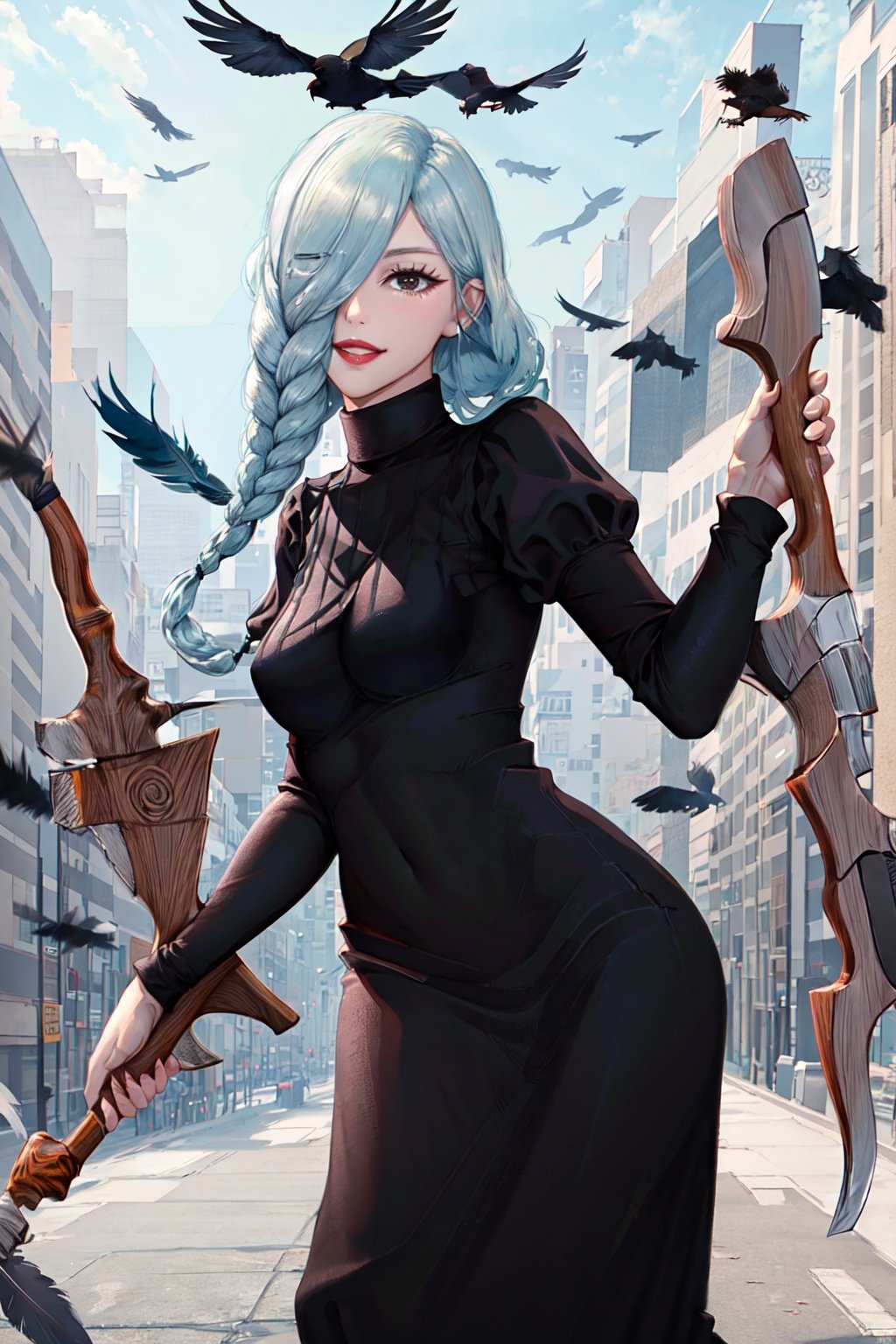 meimei,1woman,hair cover one eye, solo, looking_at_viewer, smile, bangs, holding_axe, parted_lips, hair_over_one_eye, twin_braids, turtleneck, crow, animal, feathers, juliet_sleeves, black_feathers, city