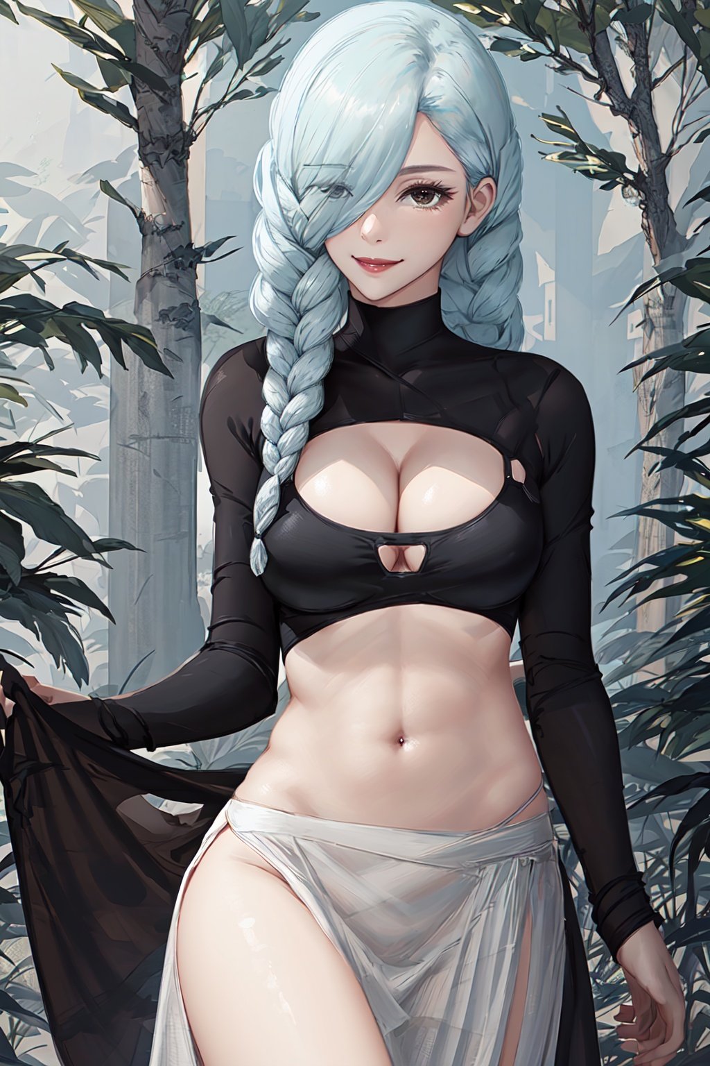 meimei,1woman,hair_cover_one_eye, solo, looking_at_viewer, smile, cleavage, hair_over_one_eye, clothing_cutout, single_braid, no_bra, turtleneck, center_opening, long_dress, forest