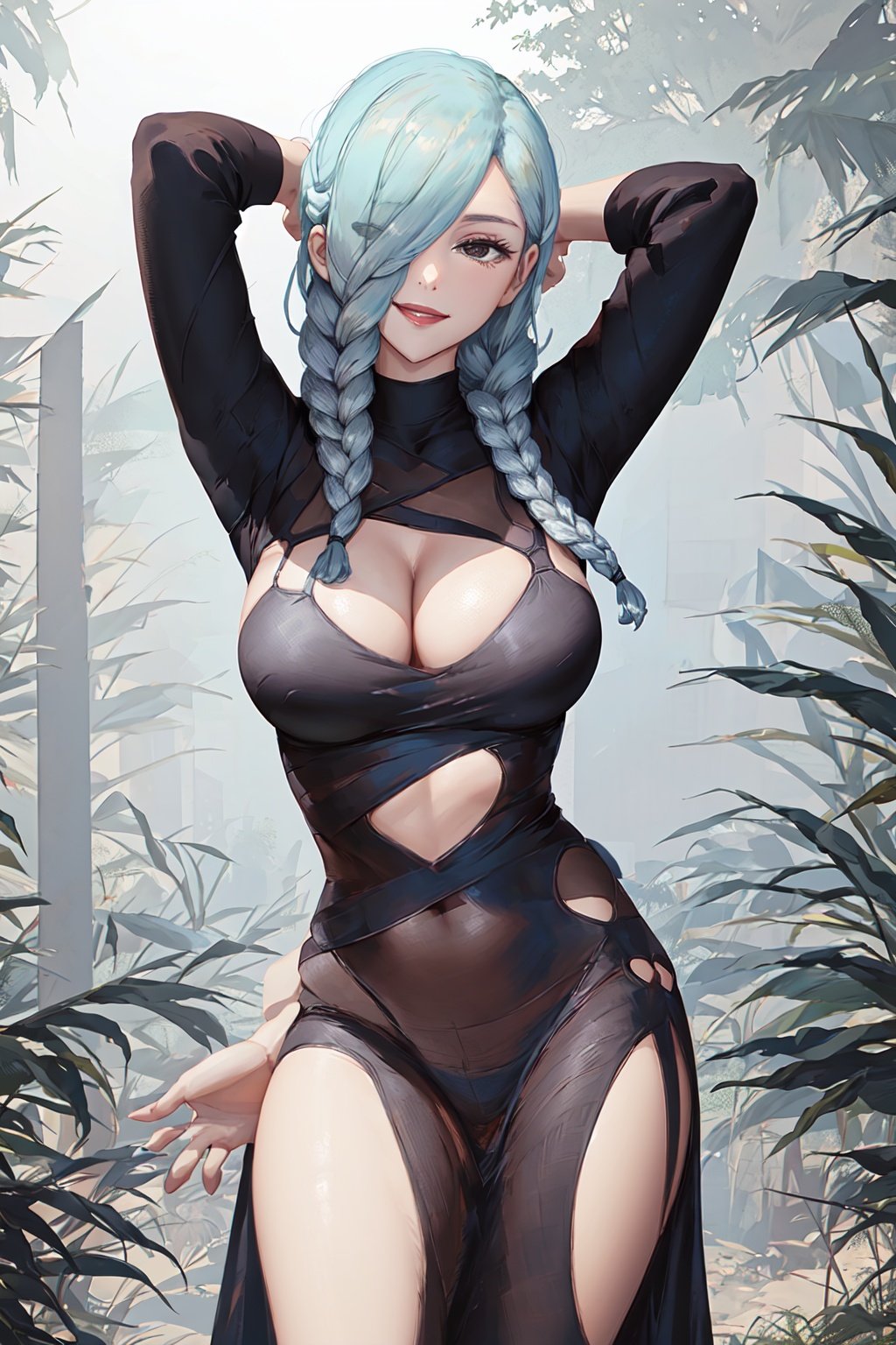 meimei,1woman,hair_cover_one_eye, solo, looking_at_viewer, smile, cleavage, hair_over_one_eye, clothing_cutout, single_braid, no_bra, turtleneck, center_opening, long_dress, forest