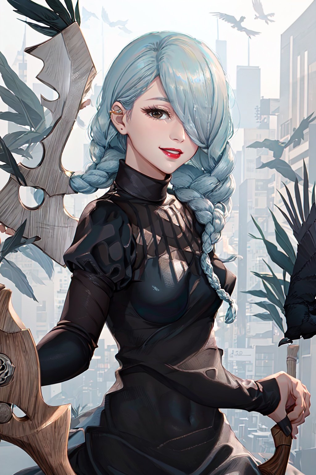 meimei,1woman,hair cover one eye, solo, looking_at_viewer, smile, bangs, holding_axe, parted_lips, hair_over_one_eye, twin_braids, turtleneck, crow, animal, feathers, juliet_sleeves, black_feathers, city