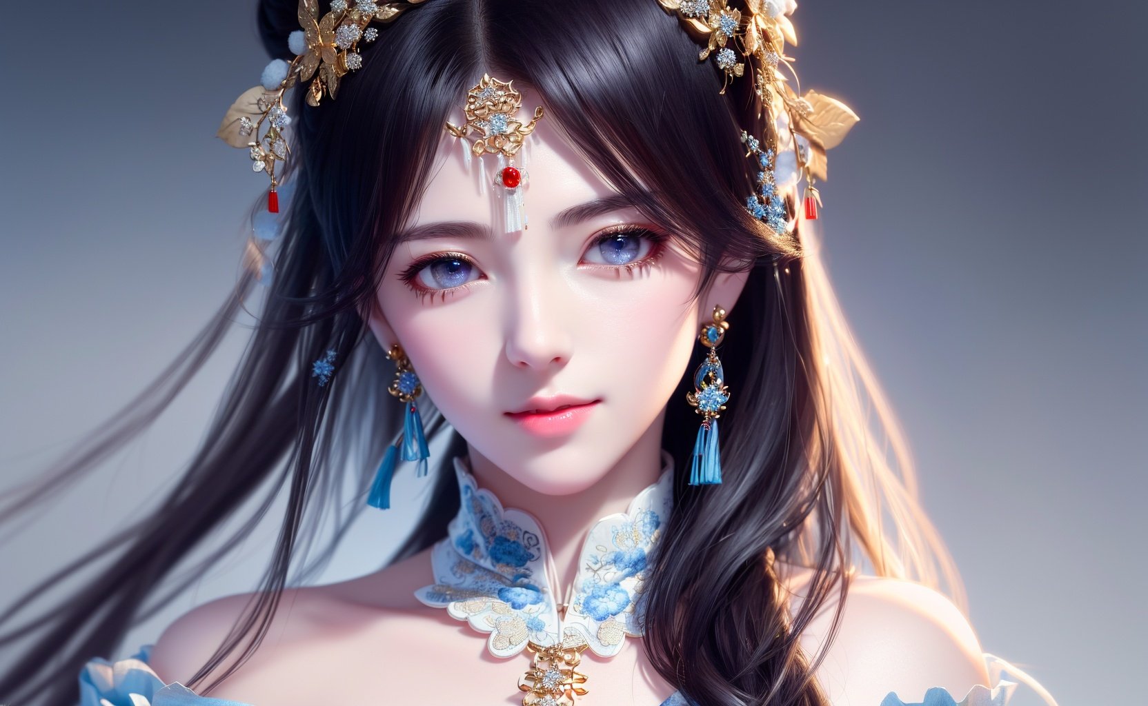 ((extremely detailed CG)), ((8k_wallpaper)), (masterpiece),best quality, high resolution illustration, hyperdetailed, highres,((Overexposure)),
bare shoulders,(Upper body),head tilt, seiza, seductive smile,
1girl,long hair,beautiful_face,Highly detailed and beautiful eyes,(an extremely delicate and beautiful),(Beautiful and detailed facial depiction),Mature women
Chinese antique clothing,White and blue Taoist robe,earrings,necklace,
Winter snow,