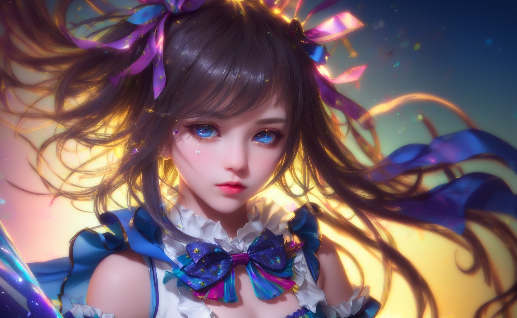 ((illustration)), ((floating hair)), ((chromatic aberration)), ((caustic)), lens flare, dynamic angle, ((portrait)), (1 girl), ((solo)), cute face, ((hidden hands)), asymmetrical bangs, (beautiful detailed eyes), eye shadow, ((huge clocks)), ((glass strips)), (floating glass fragments), ((colorful refraction)), (beautiful detailed sky), ((dark intense shadows)), ((cinematic lighting)), ((overexposure)), (expressionless), blank stare, big top sleeves, ((frills)), hair_ornament, ribbons, bowties, buttons, (((small breast))), pleated skirt, ((sharp focus)), ((masterpiece)), (((best quality))), ((extremely detailed)), colorful, hdr