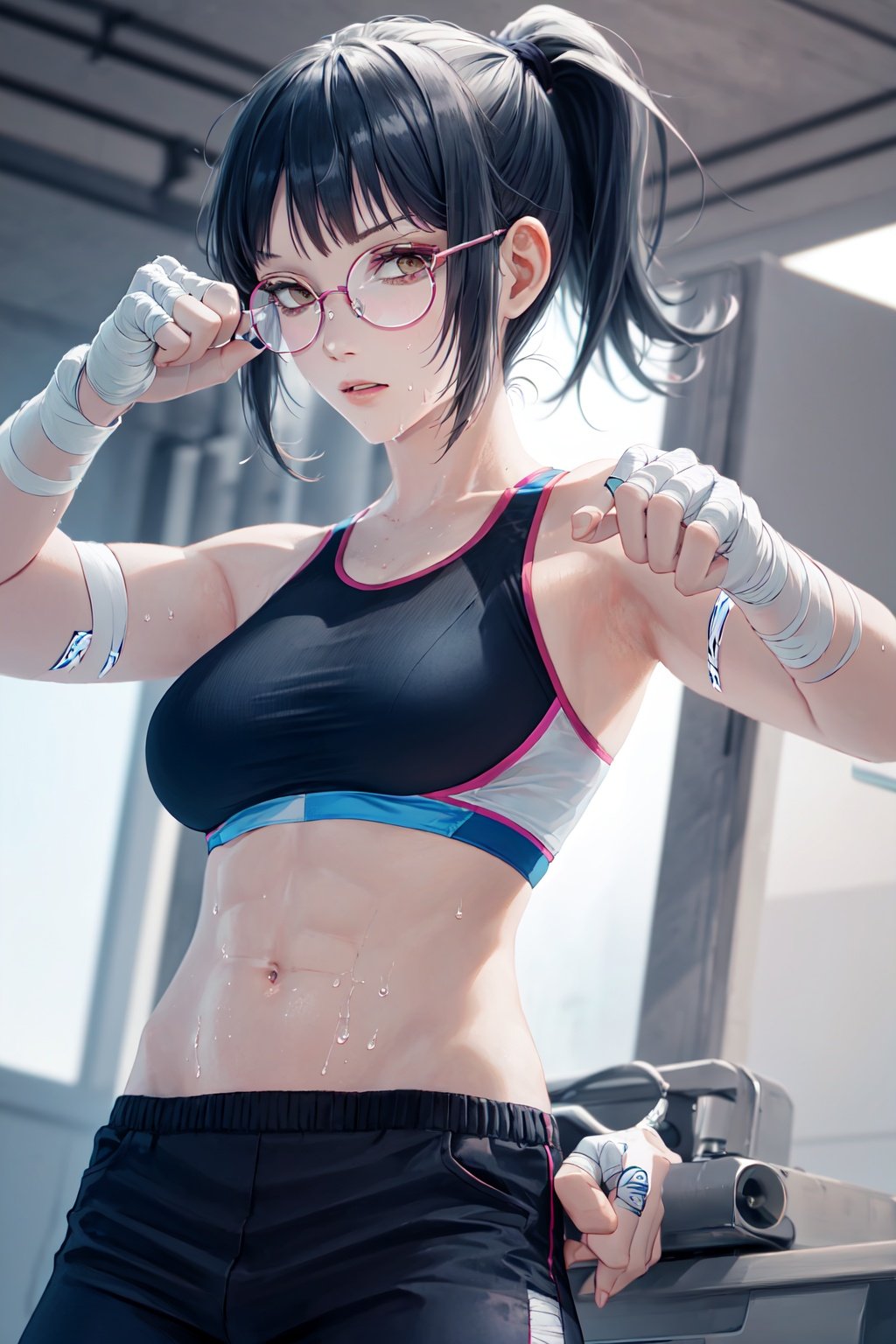 Zenin_Maki, 1girl, solo, looking_at_viewer, navel, medium_breasts, cowboy_shot, sweat, glasses, midriff, pants, hand_on_hip, muscular, bandages, abs, clenched_hand, toned, sports_bra, bandaged_arm, round_eyewear, muscular_female, punching, bandaged_hand