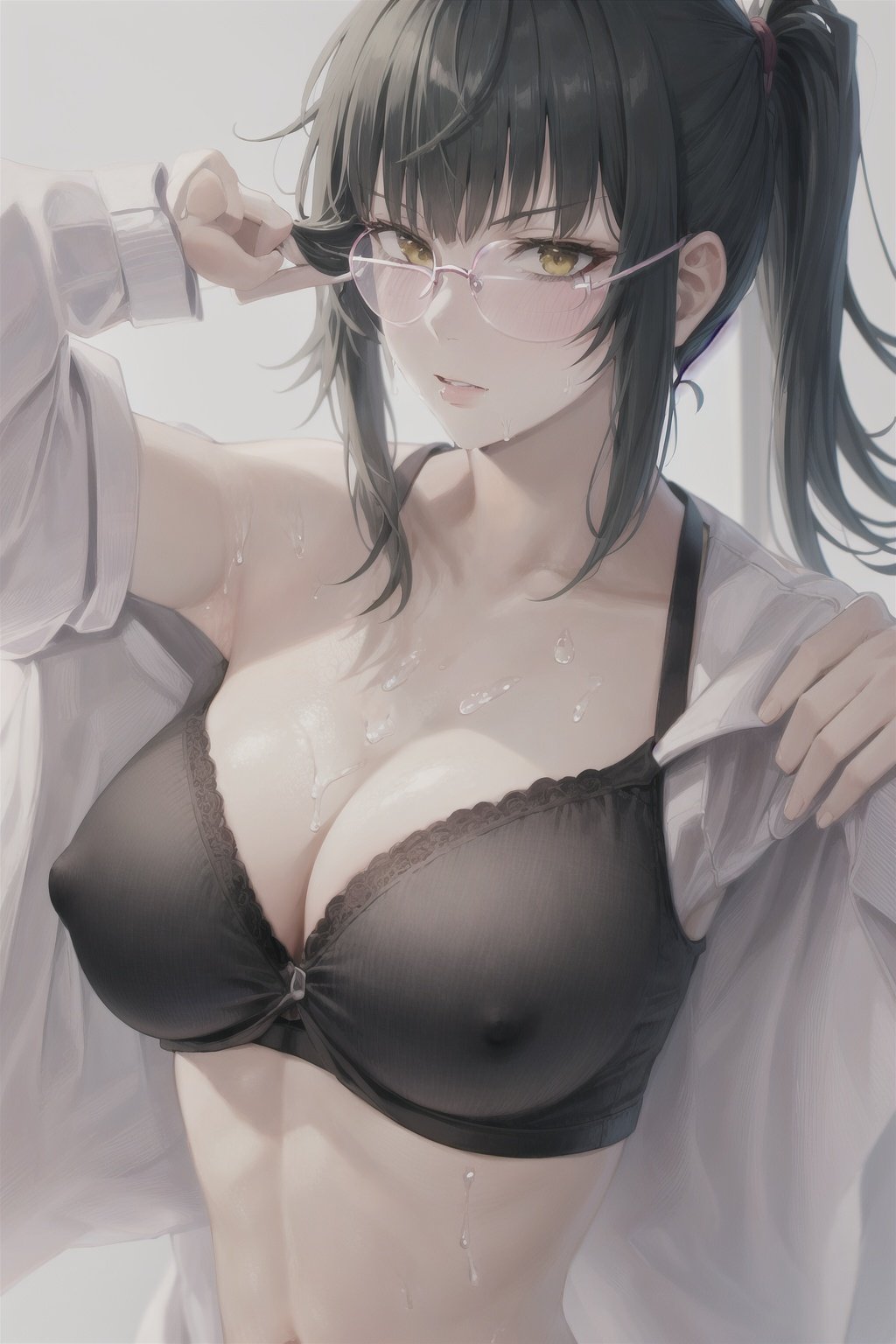 Zenin_Maki, 1girl, solo, large_breasts, simple_background, navel, cleavage, bare_shoulders, underwear, collarbone, jacket, yellow_eyes, upper_body, sweat, parted_lips, glasses, bra, covered_nipples, muscular, abs, undressing, black_bra, toned, muscular_female