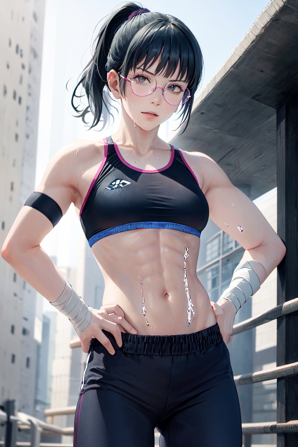 Zenin_Maki, 1girl, solo, looking_at_viewer, navel, medium_breasts, cowboy_shot, sweat, glasses, midriff, pants, hand_on_hip, muscular, bandages, abs, clenched_hand, toned, sports_bra, bandaged_arm, round_eyewear, muscular_female, punching, bandaged_hand