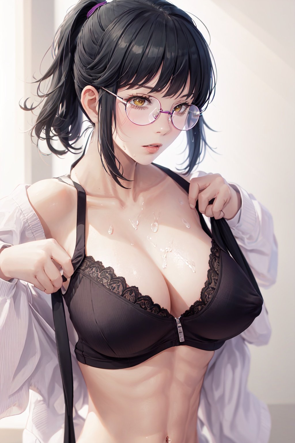 Zenin_Maki, 1girl, solo, large_breasts, simple_background, navel, cleavage, bare_shoulders, underwear, collarbone, jacket, yellow_eyes, upper_body, sweat, parted_lips, glasses, bra, covered_nipples, muscular, abs, undressing, black_bra, toned, muscular_female