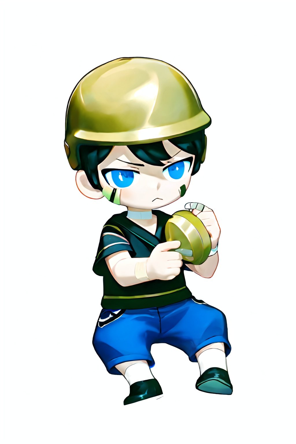  kubo, kubo_eyes, chibi,  solo, black_hair, 1boy, hat, sitting, male_focus, glasses, shorts, chibi, helmet, bandaid, anger_vein, bandaid_on_face, male_child, bandaid_on_nose, blue eyes