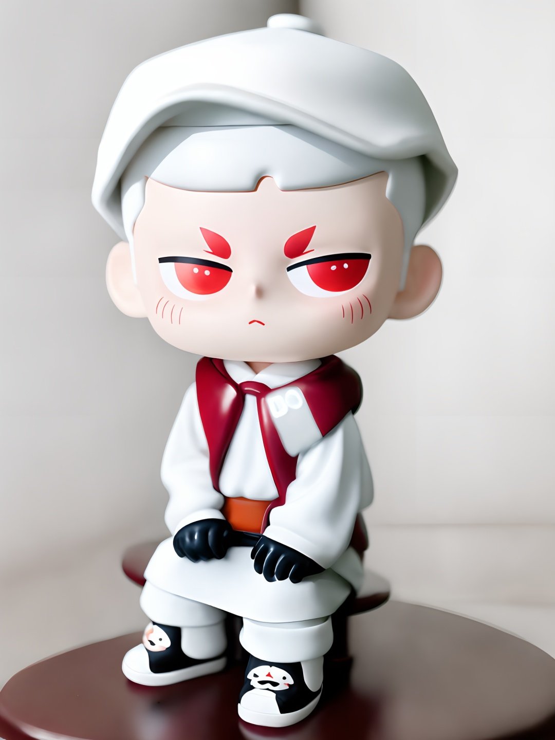  kubo, kubo_eyes, chibi,  long_sleeves, 1boy, hat, sitting, jacket, full_body, male_focus, white shirt, white hair,  red_eyes