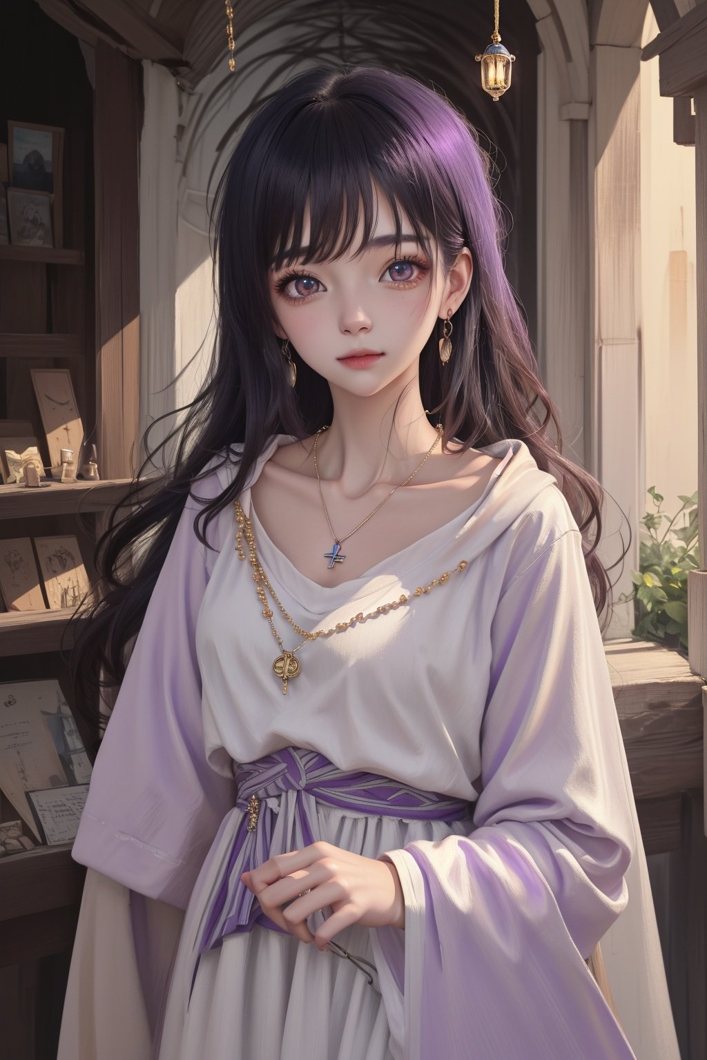 ((8k portrait of young adult female, pale white skin, masterpiece)), finely detailed wizard robe, (light purple colored clothing, intricate, thin), medium bust, long hair, blonde, (beautiful eyes), fantasy, elegant, mystic, potion shop, outdoor, medieval, ornaments, long pendant necklace, magical, award winning, (best of pixiv), painting by top artists, cinematic, detailed accessories, strong collarbone, cold lighting, (professional lighting), natural beauty,