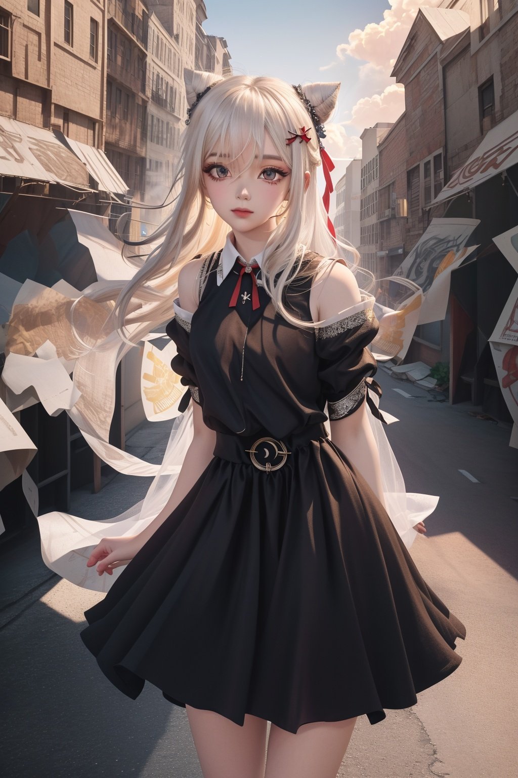 realistic,photorealistic,masterpiece,best quality,1girl,solo,(standing in street),looking at viewer,((masterpiece)),((best quality)),((official art)),(extremely detailed CG unity 8k wallpaper),((highly detailed)),((a girl)),(single),staring,fairy,hair_ornament,(very long hair),(messy_hair),bare shoulders,ribbon,hairs between eyes,beautiful detailed sky,close-up,arms behind back,thighs,mist-shrouded,chinadre,overexposure,solo,incredibly_absurdres,intense angle,pleated dress,single hair bun,white_hair,red_eyes,eyeshadow,eyeliner,eyes visible through hair,ribbon-trimmed sleeves,