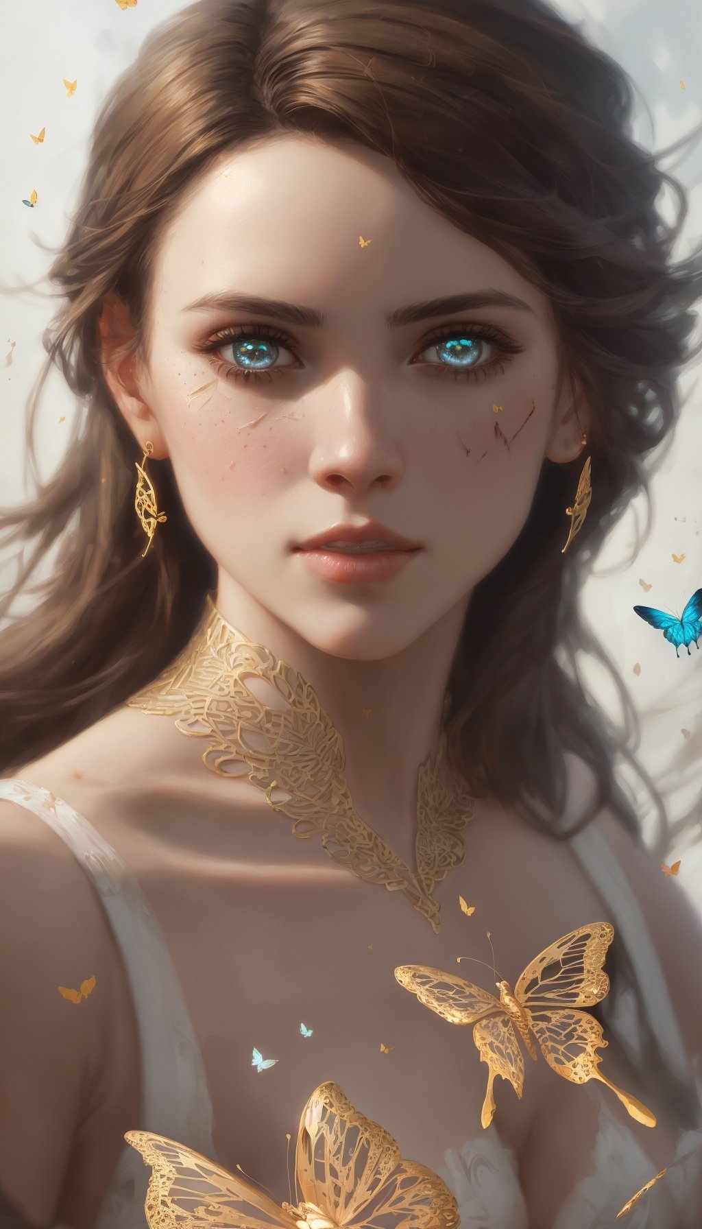 8k portrait of beautiful cyborg with brown hair, intricate, elegant, highly detailed, majestic, digital photography, art by artgerm and ruan jia and greg rutkowski surreal painting gold butterfly filigree, broken glass, (masterpiece, sidelighting, finely detailed beautiful eyes: 1.2), hdr, 