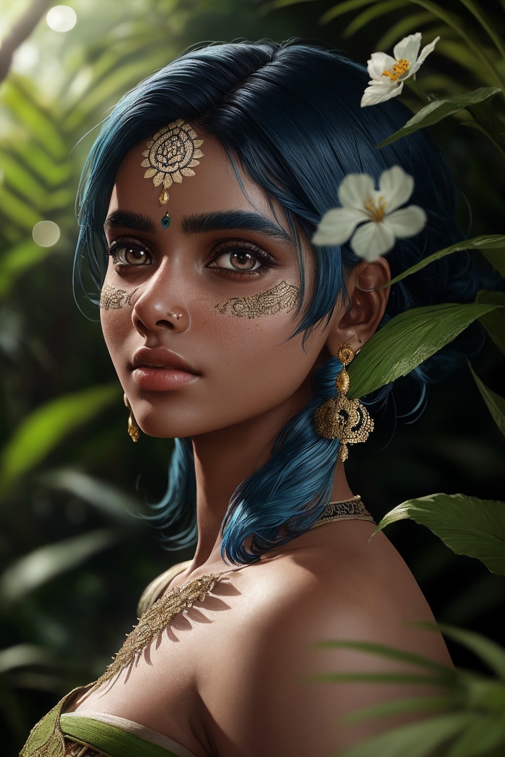 fashion photography portrait of indian girl with blue hair, in lush jungle with flowers, 3d render, cgi, symetrical, octane render, 35mm, bokeh, 9:16, (intricate details:1.12), hdr, (intricate details, hyperdetailed:1.15), (natural skin texture, hyperrealism, soft light, sharp:1.2), detailed, sunlight passing through foliage