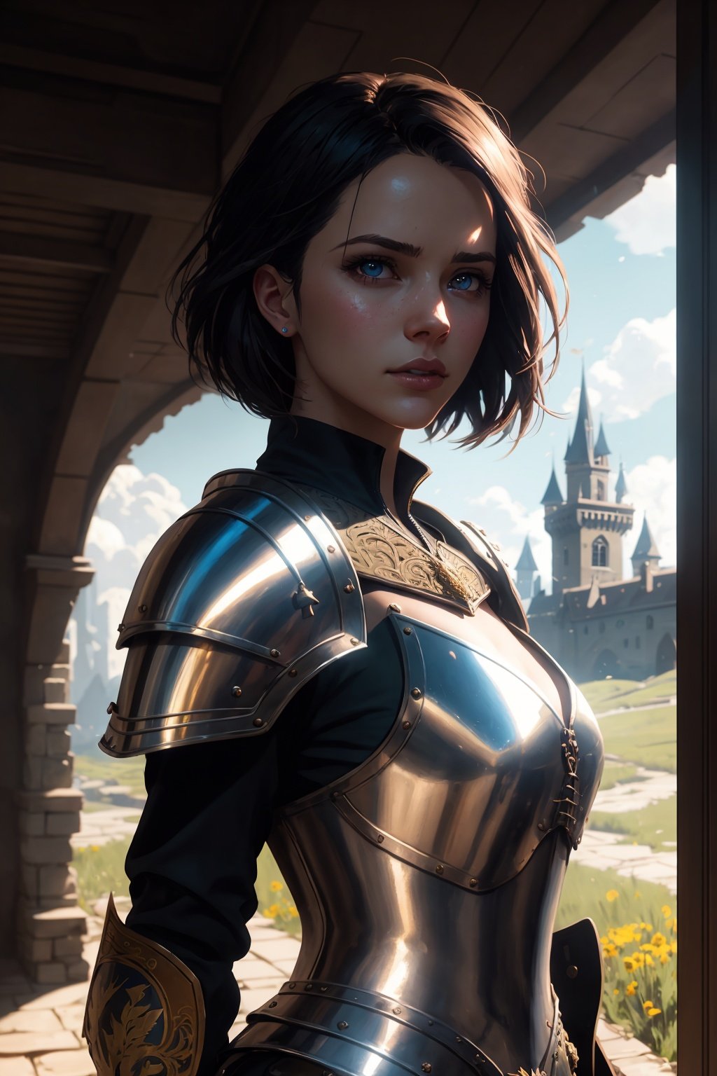 (masterpiece), (extremely intricate:1.3), (realistic), portrait of a girl, the most beautiful artwork in the world, (medieval armor), metal reflections, upper body, outdoors, intense sunlight, far away castle, professional oil painting of a stunning woman by Ed Blinkey and Atey Ghailan and Jeremy Mann and Greg Rutkowski, detailed, sharp focus, dramatic, award winning, matte drawing, cinematic lighting, octane render, unreal engine, volumetrics dtx