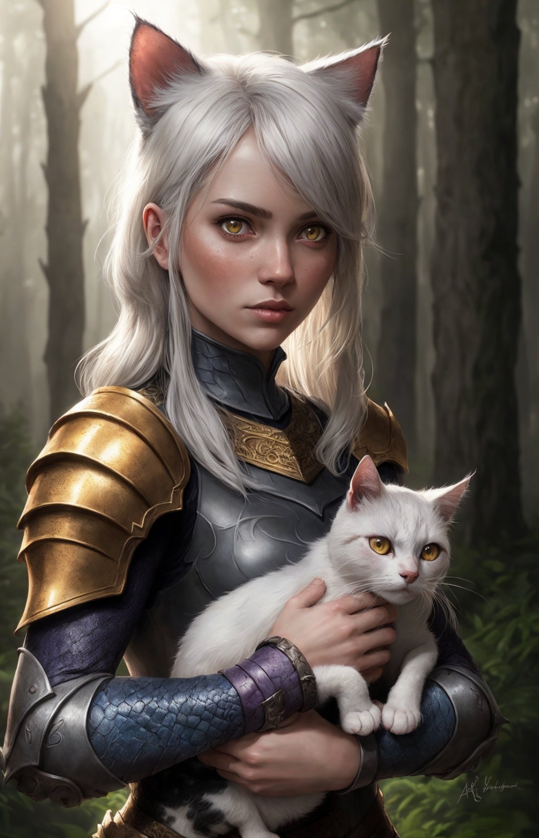 girl holding cat, cat ears, chibi, blue, gold, white, purpple, dragon scaly armor, forest background, fantasy style, (dark shot:1.17), epic realistic, faded, ((neutral colors)), art, (hdr:1.5), (muted colors:1.2), hyperdetailed, (artstation:1.5), cinematic, warm lights, dramatic light, (intricate details:1.1), complex background, (rutkowski:0.8), (teal and orange:0.4), colorfull, (natural skin texture, hyperrealism, soft light, sharp:1.2), (intricate details:1.12), hdr, (intricate details, hyperdetailed:1.15), white hair,