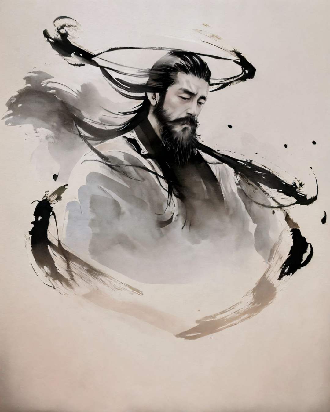 <lora:zyd232_InkStyle_v1_0:1.2> zydink, monochrome, ink sketch, 1boy, asian (middle age man), (long beard, facial hair), fighting stance, looking at viewer, long hair, floating hair, hanfu, chinese clothes, long sleeves, (abstract ink splash:1.2), white background