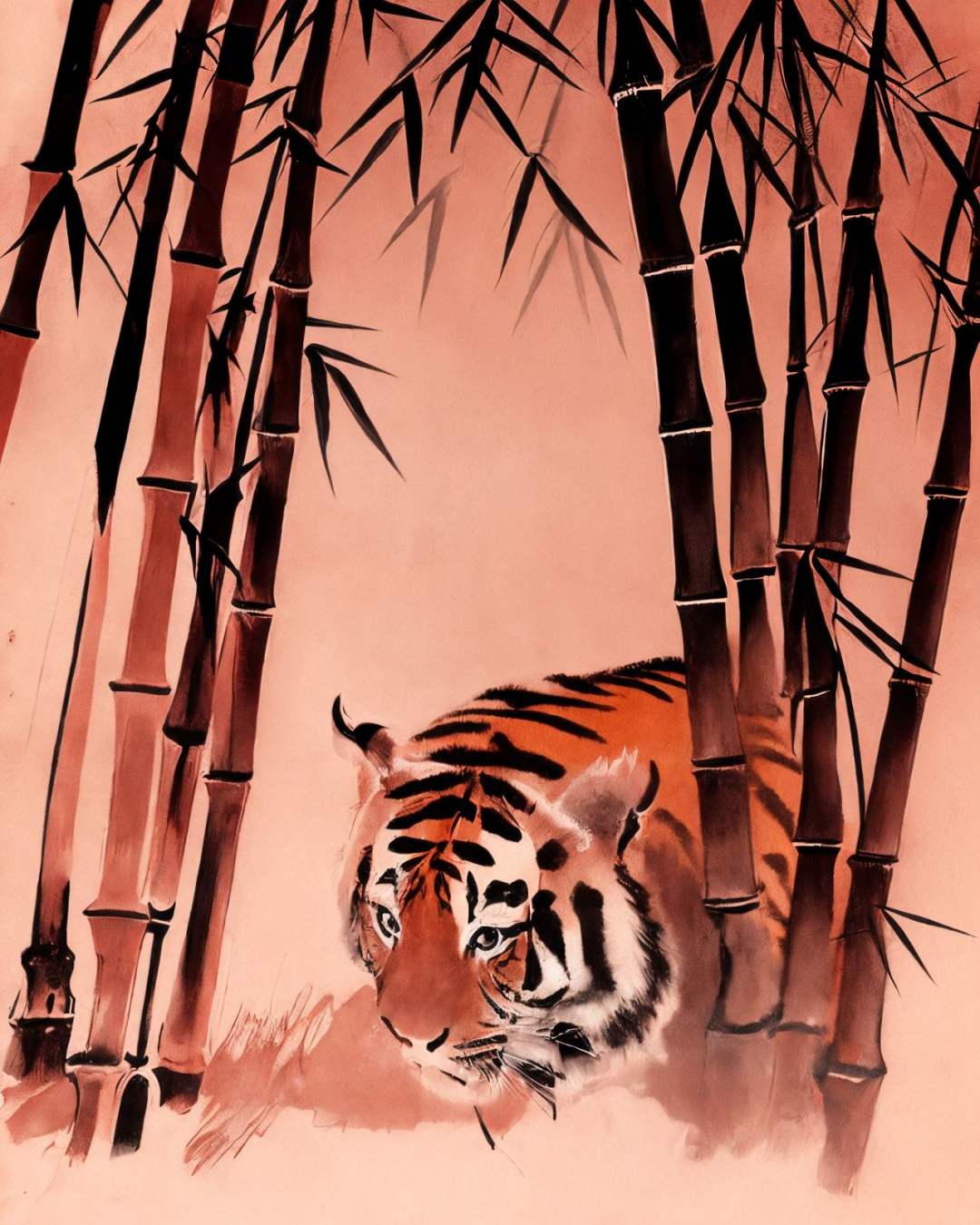 <lora:zyd232_InkStyle_v1_0:1.0> zydink, monochrome, ink sketch, (bamboo:1.3), tiger, simple background,