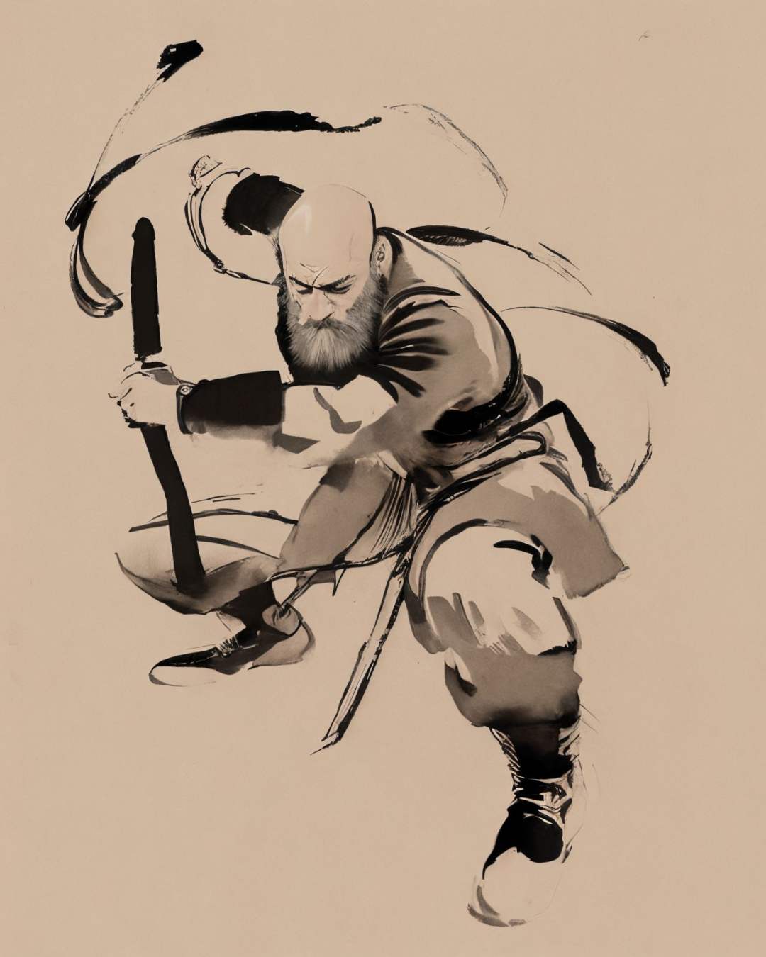 <lora:zyd232_InkStyle_v1_0:1.0> zydink, monochrome, ink sketch, 1boy, old man, bald, long facial hair, long beard, fighting stance, chinese dress, simple background,