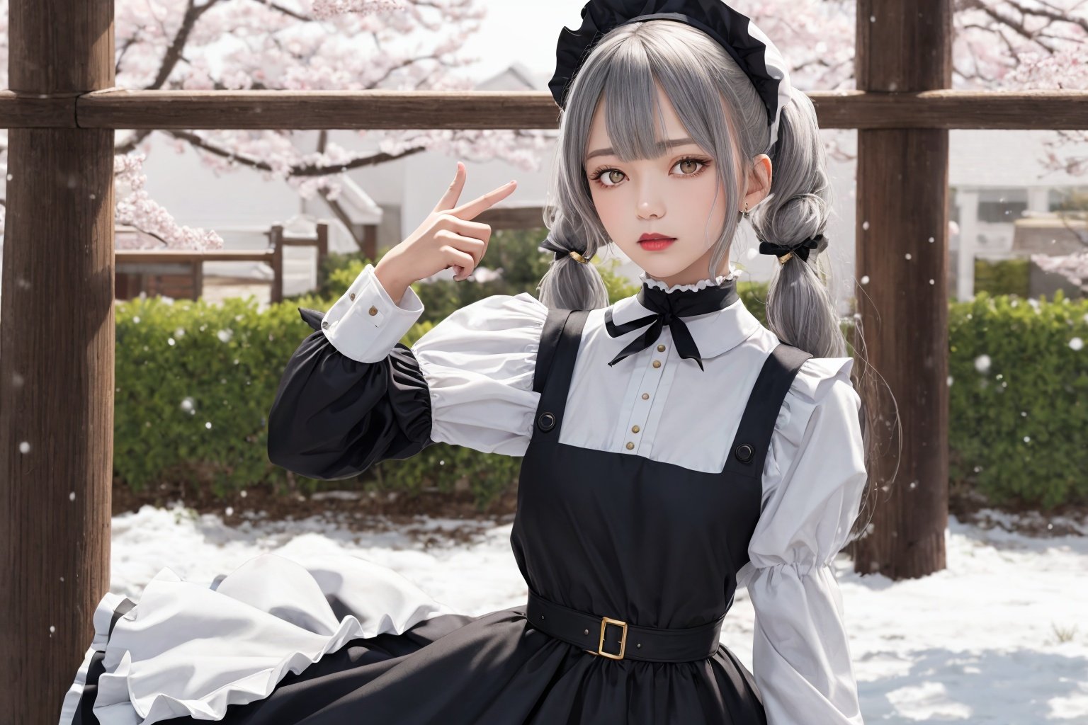 finger gun to head, finger gun, (two fingers:1.3), cowboy shot, 1girl, gray hair, tall, flat chest,neutral face, Delicate skin tone, black lips, low twintails, realistic, gold eyes,  Cloth: black choker, maid headdress, maid apron, long sleeves, enmaided, black dress, puffy sleeves, collared dress, white apron, juliet sleeves, ascot, frilled apron, snow, sakura tree, handgun, 