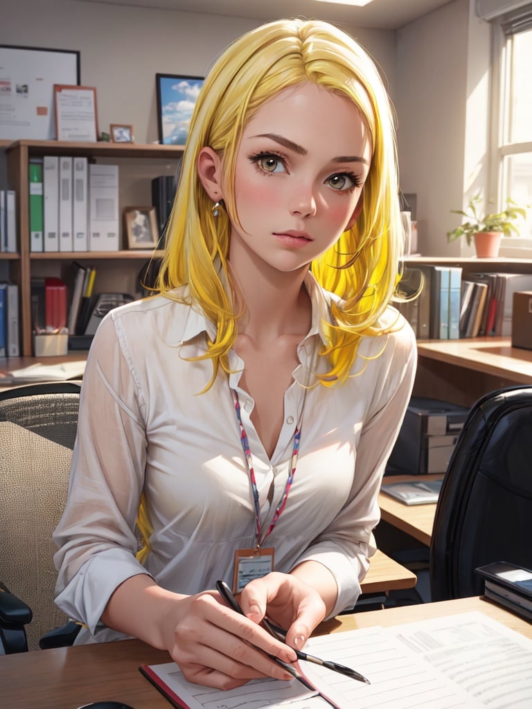 ((1girl,yellow hair,office)),masterpiece,raw photo,best quality, photorealistic,