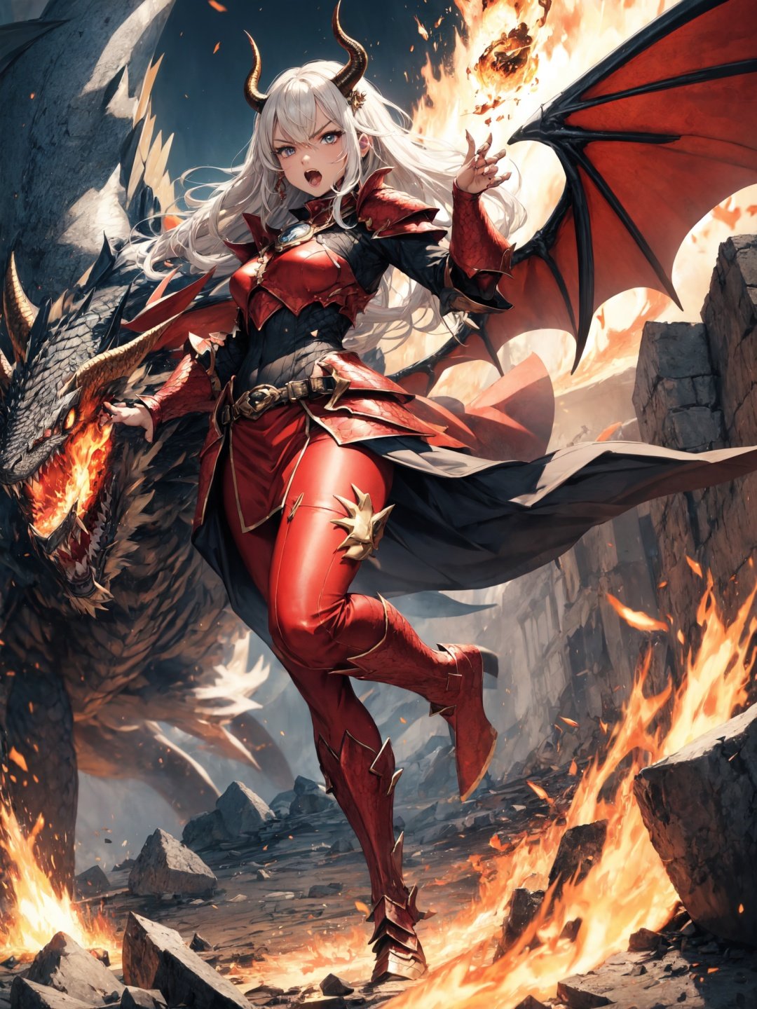 absurdres, highres.BREAK.(doragon girl:1.3), doragon (horn:1.2), fantasy, doragon devil (wings:1.3), spred wings, (glare at viewer), (angry), growing eyes, (scaly armor:1.3) red dress, (roar:1.2), open mouth, fang, dynamic angle, magical fire effect, (claw pose:1.2), (fullbody), open legs, standing,.BREAK.background is Erupting volcano, fire, burst of flame, explosion.BREAK.(solo:1.5)