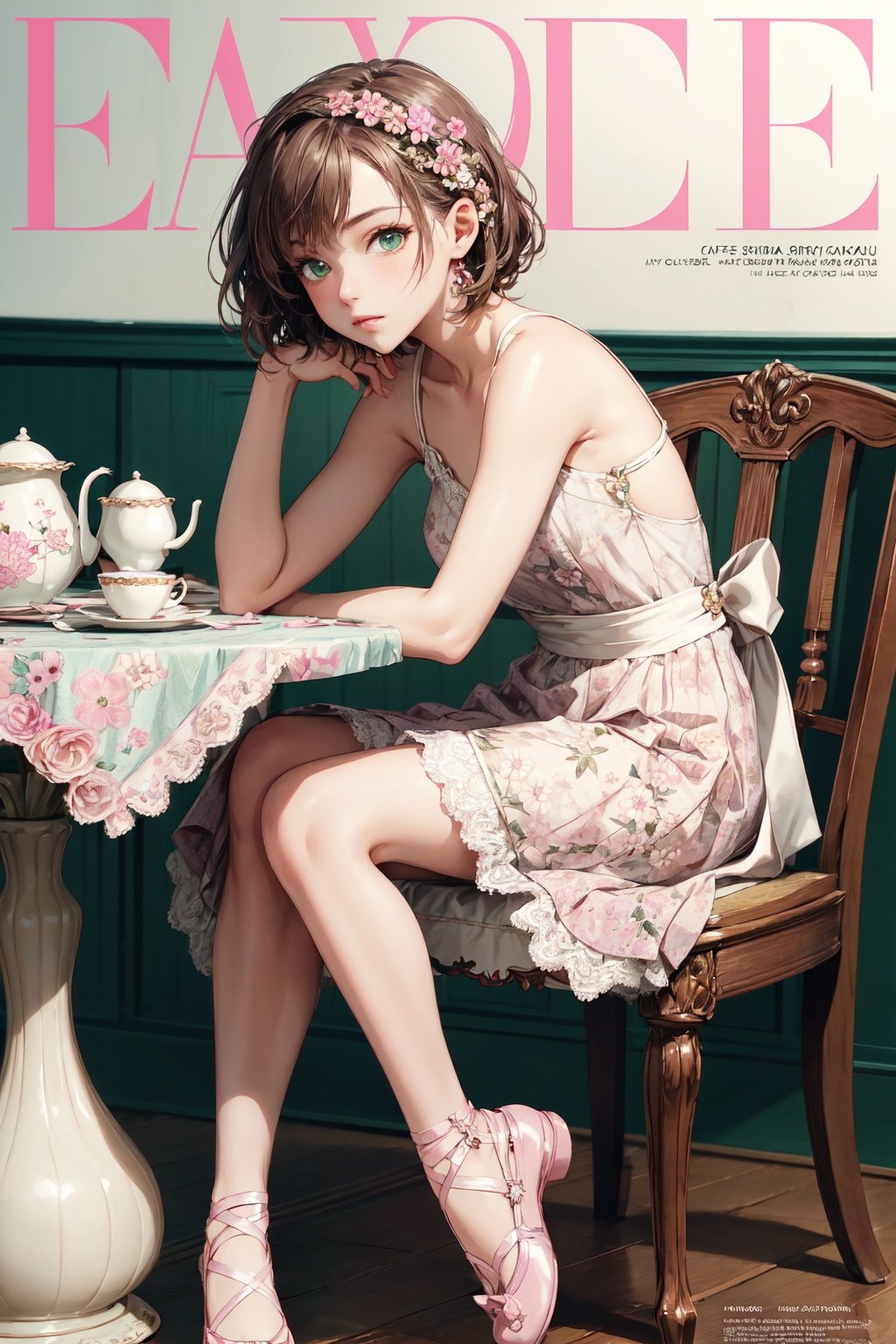 masterpiece, best quality,kinomoto_sakura, girly style, lace dresses, pastel colors, floral prints, high-waisted skirts, ballet flats, delicate accessories, cafe, indoors, high tea, sit down, table,.a young beautiful girl, green eyes, brown short hair, ultra detailed, official art, unity 8k wallpaper, (fashion magazine cover:1.3),