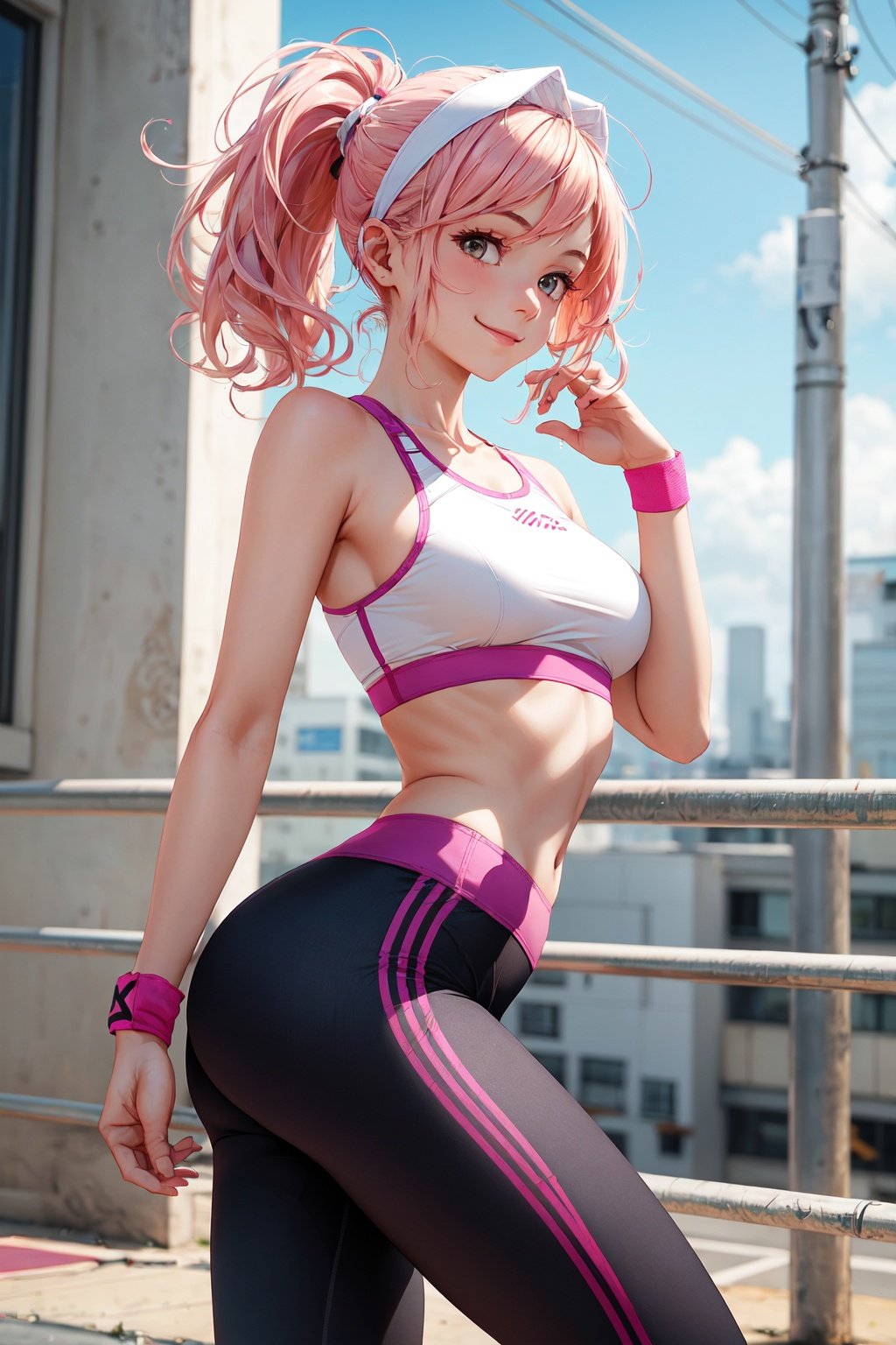 best quality,a girl,small breast,smile,ash blonde or ginger or pink hair, comfortable yoga pants, high-waisted leggings made from a breathable and moisture-wicking fabric,supportive and comfortable sports bra,accessories like a headband or wristband