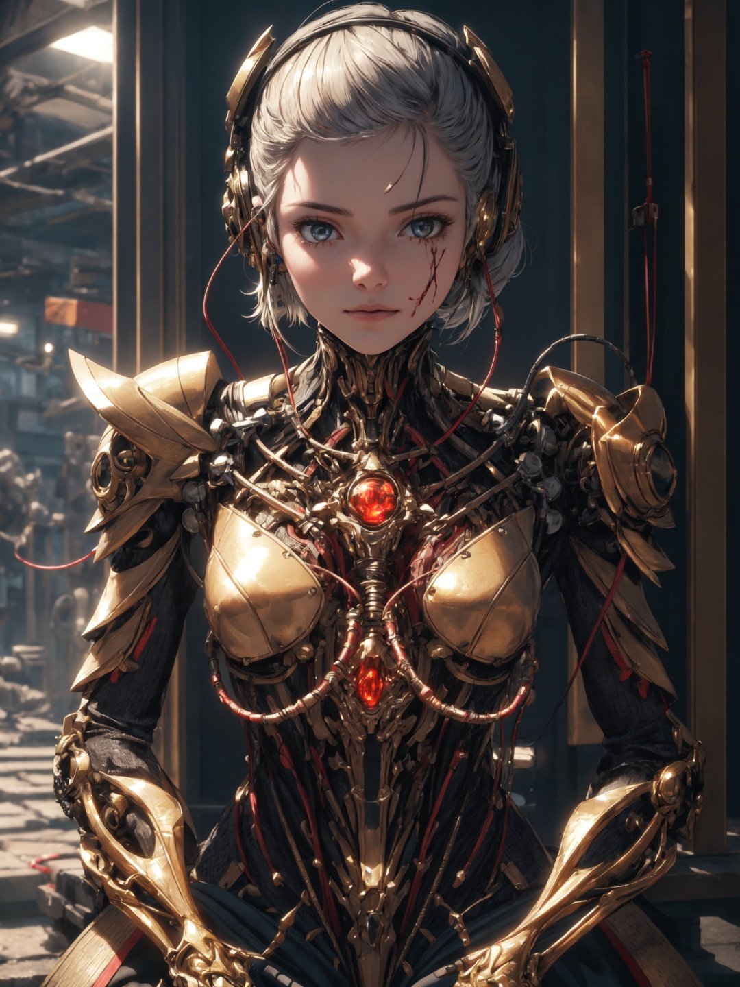 1mechanical girl,((ultra realistic details)), portrait, global illumination, shadows, octane render, 8k, ultra sharp,metal,intricate, ornaments detailed, cold colors, egypician detail, highly intricate details, realistic light, trending on cgsociety, glowing eyes, facing camera, neon details, machanical limbs,blood vessels connected to tubes,mechanical vertebra attaching to back,mechanical cervial attaching to neck,sitting,wires and cables connecting to head