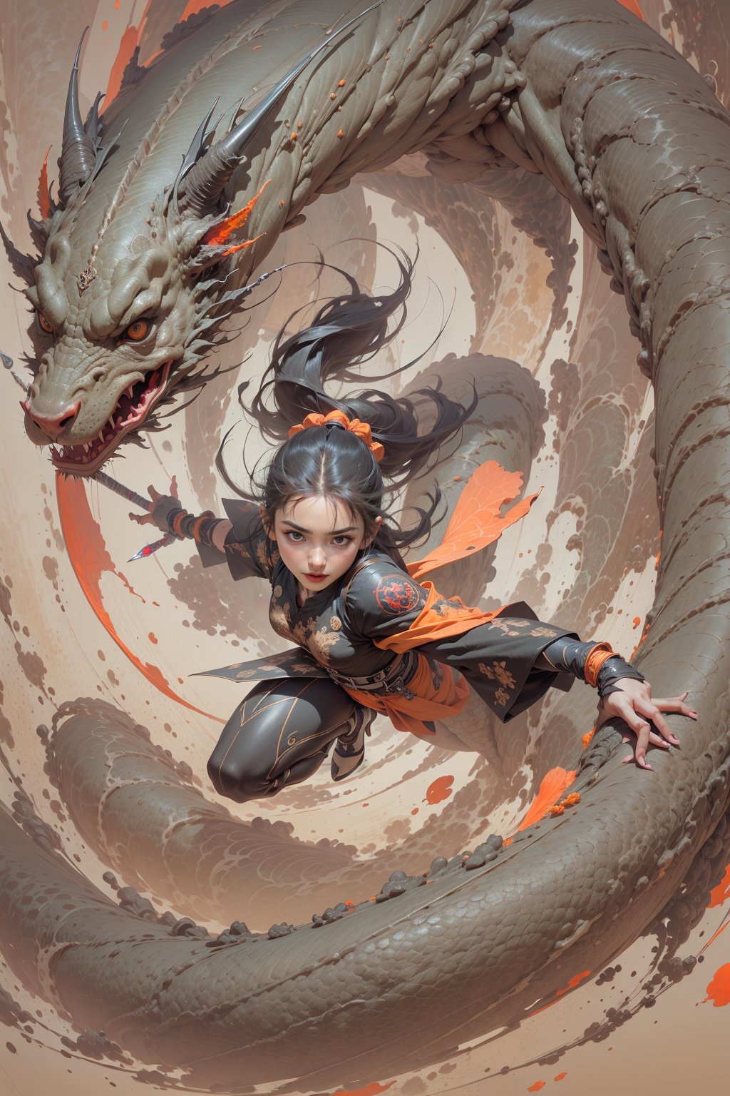 Best quality,masterpiece,ultra high res,1girl,beautiful_face,detailed skin,,gu,dragon,full body,,weapon,black hair,holding weapon,blood,arm guards,male focus,looking at viewer,black eyes,tabi,floating hairfull body,orange,,hands up,  