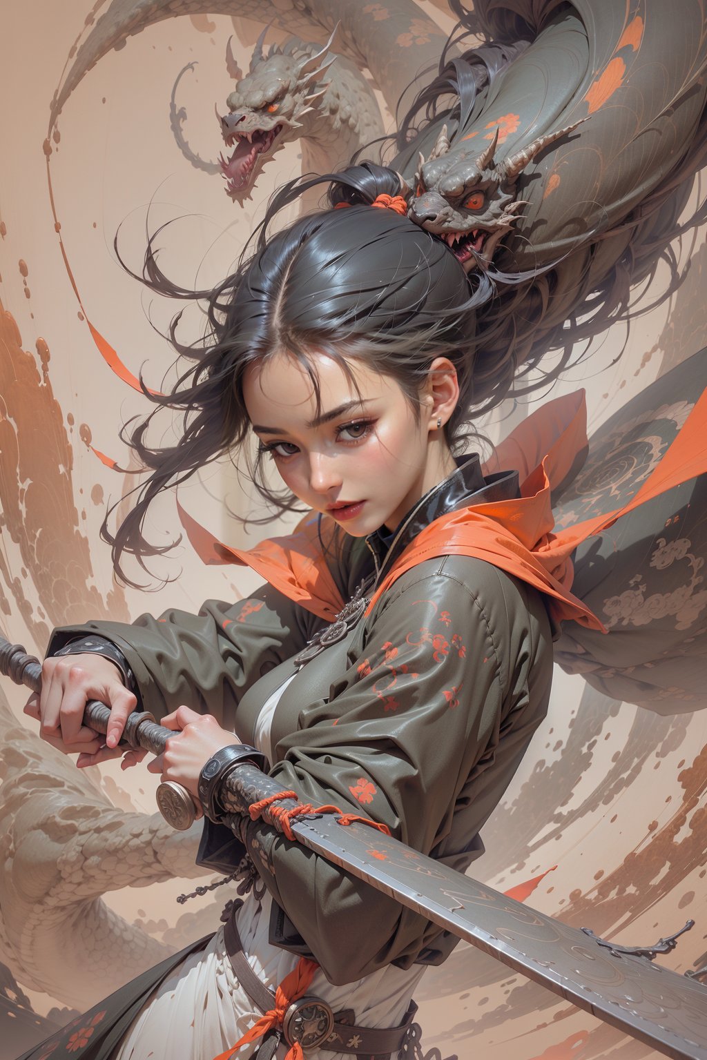 Best quality,masterpiece,ultra high res,1girl,beautiful_face,detailed skin,,gu,dragon,full body,,weapon,black hair,holding weapon,blood,arm guards,male focus,looking at viewer,black eyes,tabi,floating hairfull body,orange,,leaning forward,  