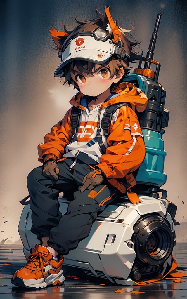 Ukiyoe style, machinery, Mecha, 1boy, male focus, solo, male child, jacket, helmet, sitting, orange jacket, gloves, black gloves, brown hair, hood, pants, hair between eyes, child, looking at viewer, shoes, long sleeves, black pants, orange eyes, Wearing an orange hat, a cute child <lora:MG_jijia:1>,16k,HD,Master works, exquisite visuals，