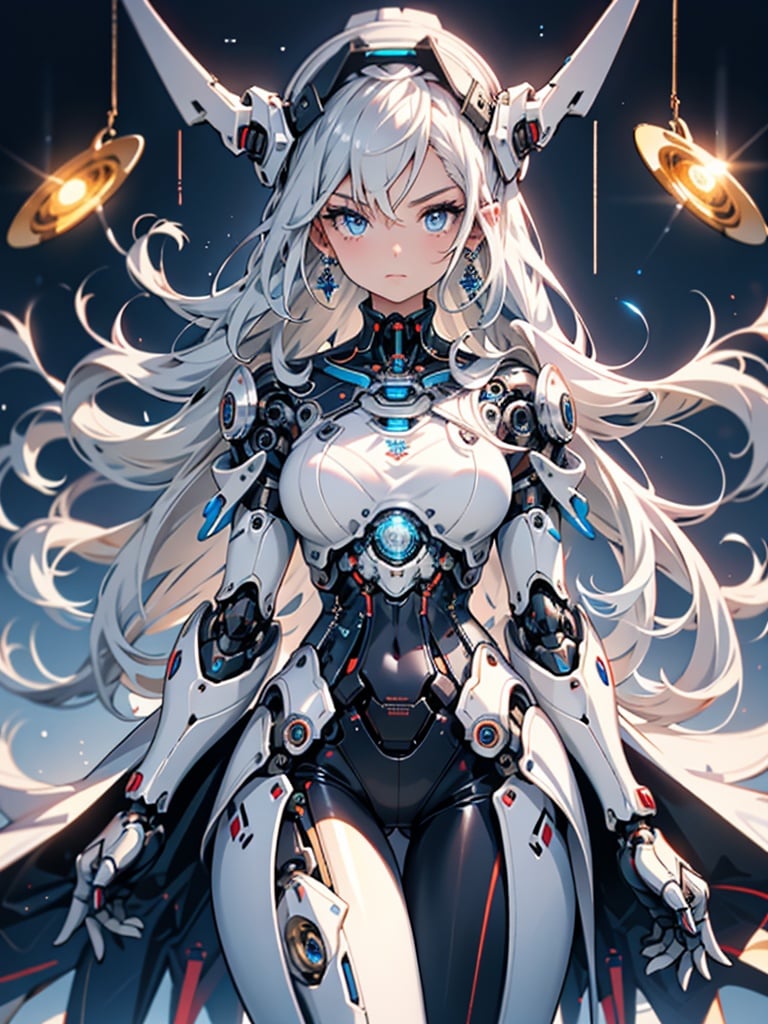 Elegant hair,1girl,solo,Mechanical Headwear,Look up the lens,white hair,long hair,whole body,mechanical arm,(glow:1.2),earrings,looking at viewer,mechanical necklace,Positive symmetrical composition,blue eyes,Robot Background,Diamond,The background of the huge light engine,mechanical leg,<lora:MG_jijia:0.8>,