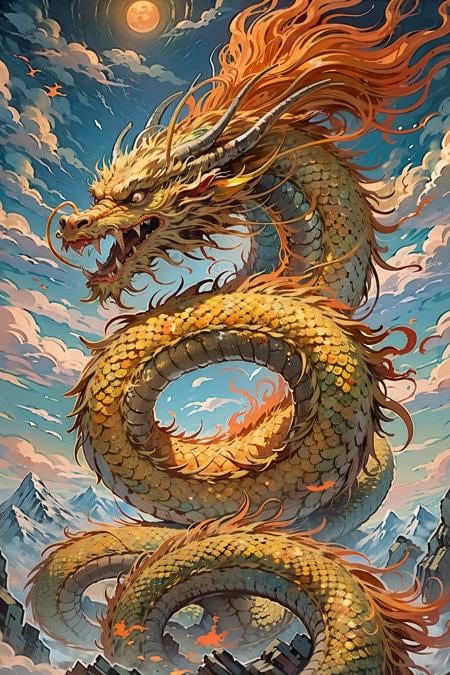 Best quality,masterpiece,ultra high res,nu no humans, (long:1.2),, dragon,cloud, sky, open mouth, horns, fangs, outdoors, mountain, scales, eastern dragon, sharp teeth, cloudy sky, day, teeth, flying, fire