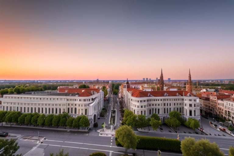 wide angle aerial view, dvArchGothic and dvArchVictorian style buildings, professional architecture photography, 16mm, f8, portrait, photo realistic, hyperrealistic, orante, super detailed, intricate, dramatic,dramatic sunset lighting, shadows, low contrast, desaturated