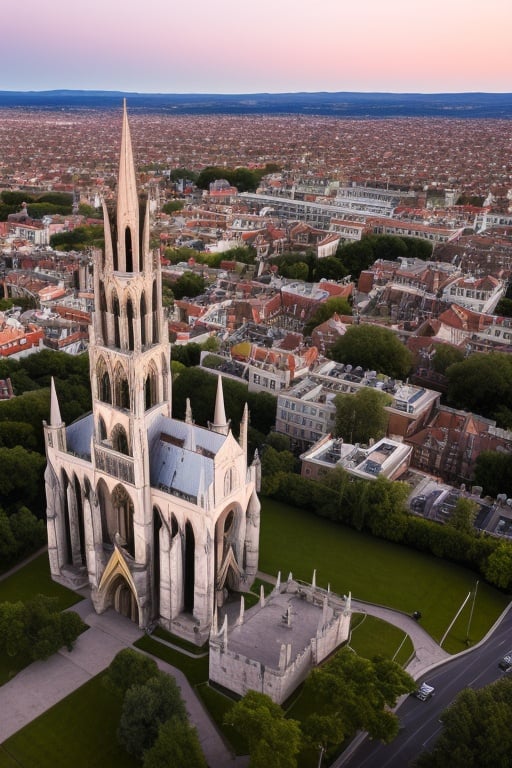 wide angle aerial view, dvArchGothic and dvArchVictorian style buildings, professional architecture photography, 16mm, f8, portrait, photo realistic, hyperrealistic, orante, super detailed, intricate, dramatic,dramatic sunset lighting, shadows, low contrast, desaturated