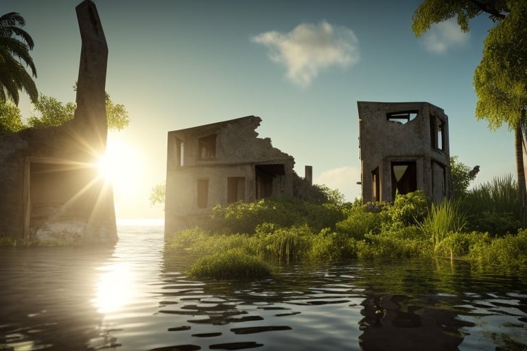 +dvArchModern style, underwater city, house, submerged, green ocean water, fossils, underwater ruins, photorealistic, hyperrealistic, 4k, shadows, depth, volumetric light, dramatic light, diffused light, desaturated, low contrast, hdr, fine details, subtle details, cracks, plants, fish, sun rays, god rays