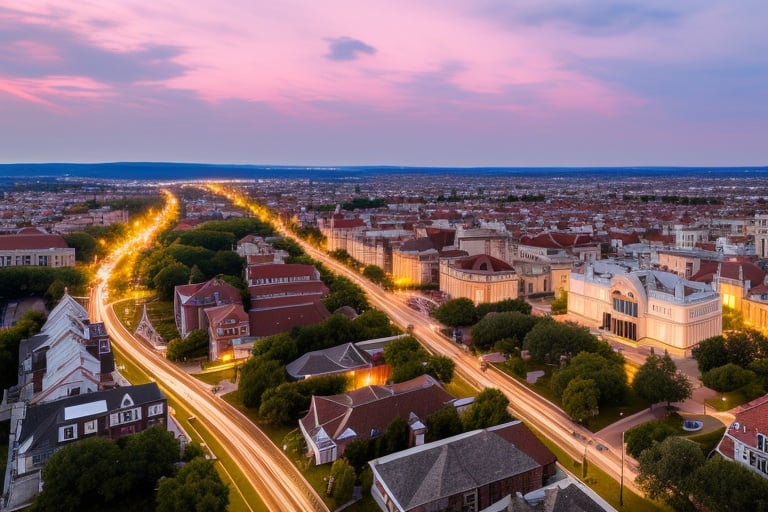 wide angle aerial view, dvArchGothic and dvArchVictorian style buildings, professional architecture photography, 16mm, f8, portrait, photo realistic, hyperrealistic, orante, super detailed, intricate, dramatic,dramatic sunset lighting, shadows, low contrast, desaturated
