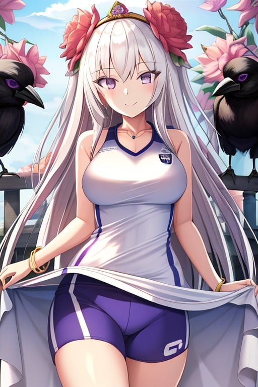 (Sportswear),Best quality,Highly detailed,Masterpiece,Artbook,1Girl,Flower,Dress,Wins,Bracelet,Jewelry,Smile,Crow,Bangs,Purple eyes,White hair,(Sportswear),