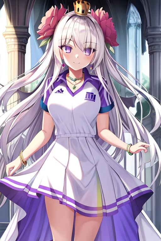 ((sportswear)),best quality,highly detailed,masterpiece,artbook,1girl,flower,dress,wings,bracelet,jewelry,smile,crown,bangs,purple eyes,white hair,((sportswear)),Without wings,