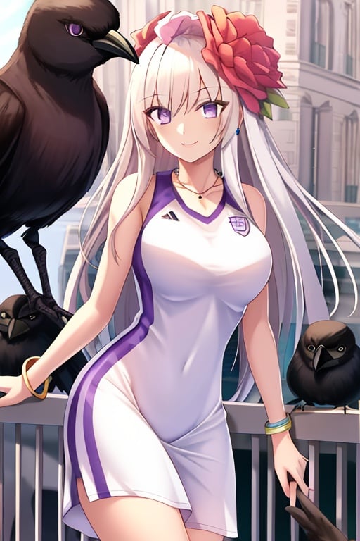 (Sportswear),Best quality,Highly detailed,Masterpiece,Artbook,1Girl,Flower,Dress,Wins,Bracelet,Jewelry,Smile,Crow,Bangs,Purple eyes,White hair,(Sportswear),